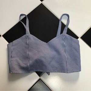 Purrrr Melrose Gingham Plaid Pin Up Crop Top Tie Back Bandana Navy Blue White S